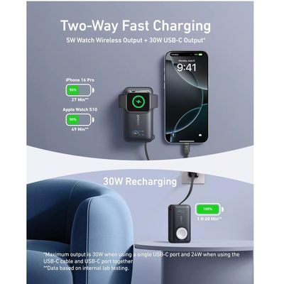 Anker MagGo Apple Watch Acumulator Extern 10000 mAh Ultra-Slim Qi2 35W Cablu USB-C Negru
