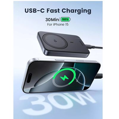Ugreen Acumulator Extern Magnetic 10000 mAh Wireless PD 30W Qi2 7.5W USB-C Compatibila MagSafe Negru