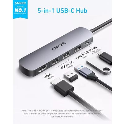Anker Hub 5-in-1 USB-C HDMI 4K@30Hz PD 90W Gri