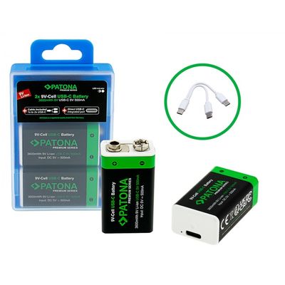 Patona Premium USB-C 9 V 2 x Baterii Tip Bloc 6F22 Litiu 3600mWh 1.5V Reincarcabile cu Cabluri de Incarcare USB-C