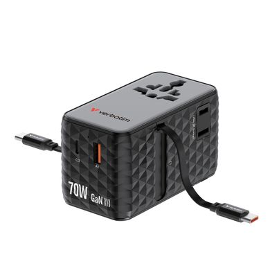 Verbatim Adaptor Universal GaN III 70W cu 2 Cabluri Retractabile USB-C PD 3.0 QC4+ 1 x USB-C 1 x USB-A  Negru