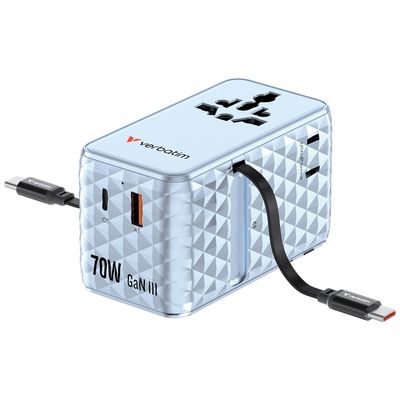 Verbatim Adaptor Universal GaN III 70W cu 2 Cabluri Retractabile USB-C PD 3.0 QC4+ 1 x USB-C 1 x USB-A Albastru