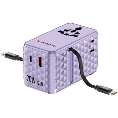 Verbatim Adaptor Universal GaN III 70W cu 2 Cabluri Retractabile USB-C PD 3.0 QC4+ 1 x USB-C 1 x USB-A Violet