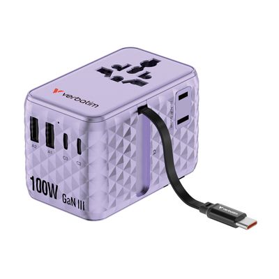 Verbatim Adaptor Universal GaN III 100W Cablu Retractabil USB-C PD 3.0 QC4+ 2 x USB-C 2 x USB-A Violet