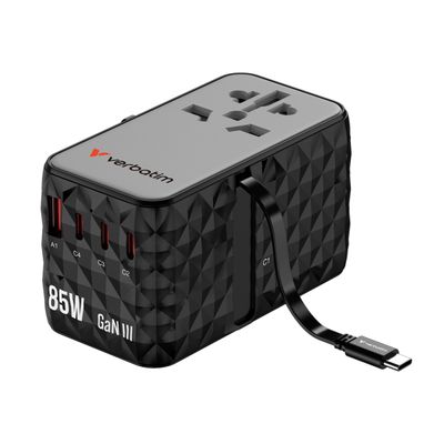 Verbatim Adaptor Universal de Calatorie GaN III 85W 4xUSB-C PD QC 4+ 1 x USB-A QC Negru