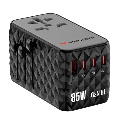 Verbatim Adaptor Universal de Calatorie GaN III 85W 4xUSB-C PD QC 4+ 1 x USB-A QC Negru