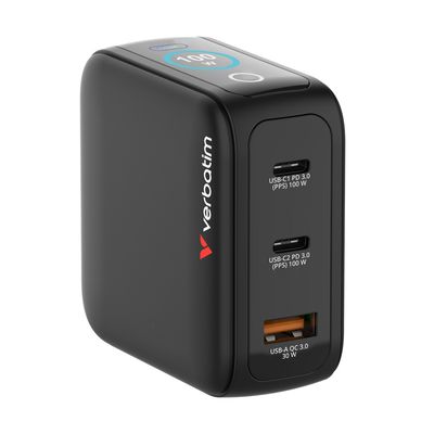 Verbatim Incarcator Mini GaN 100W Display si 3 Porturi Negru