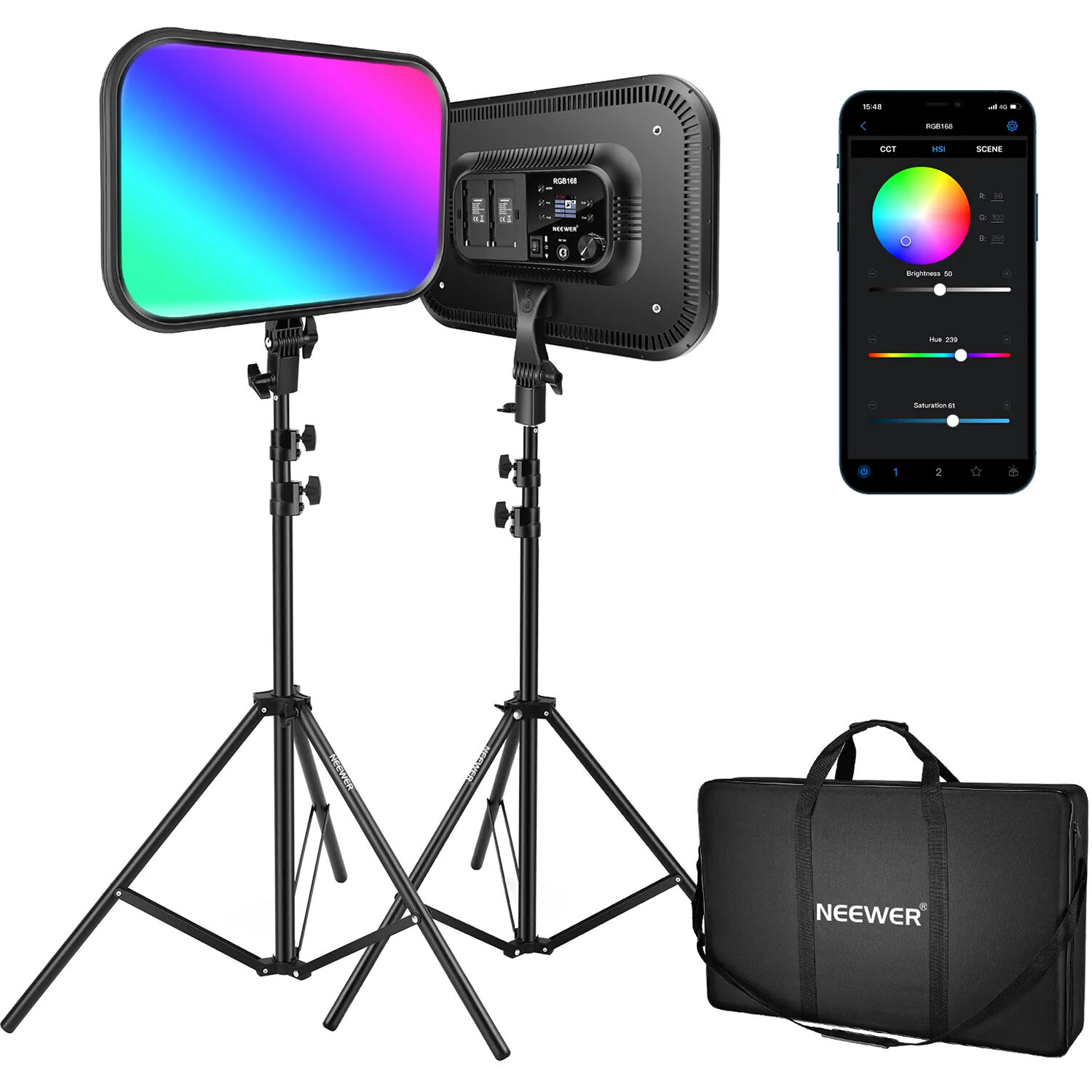 Neewer Kit lumini studio RGB Neewer RGB168 2x lampi LED RGB, 2x stative 200cm, 1x geanta, 2x60W, 2500K-8500K