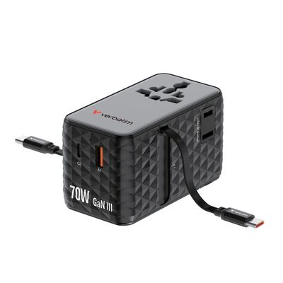 Resigilat: Verbatim Adaptor Universal GaN III 70W cu 2 Cabluri Retractabile USB-C PD 3.0 QC4+ 1 x USB-C 1 x USB-A  Negru - RS125095697-1