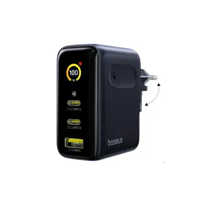 Baseus PicoGo AE21 Incarcator Retea GaN 100W cu Display, 2x USB-C, 1x USB-A, Negru