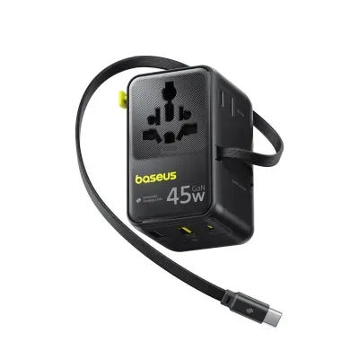 Baseus PicoGo AG11Adaptor de Calatorie 2x AC 2x USB-A 1x USB-C 45W Cablu USB-C Retractabil Negru