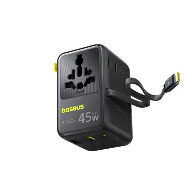 Baseus PicoGo AG11Adaptor de Calatorie 2x AC 2x USB-A 1x USB-C 45W Cablu USB-C Retractabil Negru