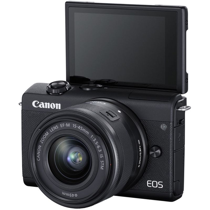 Canon-EOS-M200-Aparat-Foto-Mirrorless-24.1MP-4K-Kit-cu-Obiectiv-55-200mm-F4.5-6.3-IS---15-45mm-F3.5-6.3-Negru