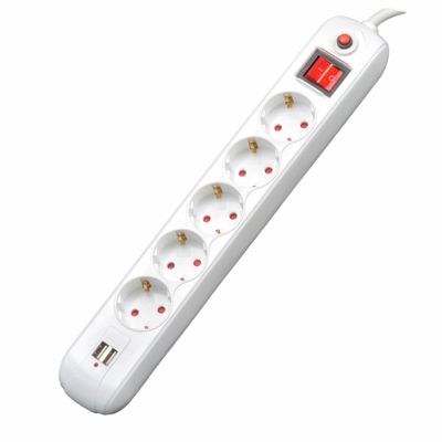 Spacer Prelungitor 5x Schuko 2x USB Cablu 3m 16A Protectie Supratensiune Alb