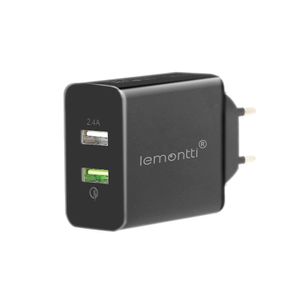 Lemontti Incarcator Retea Quick Charge Dual USB Negru (port QC max 3.1A, port USB 2.4A)