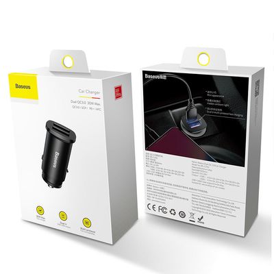 Baseus Incarcator Auto Metalic Quick Charger Dual Port 30W Black (5A max, QC3.0)