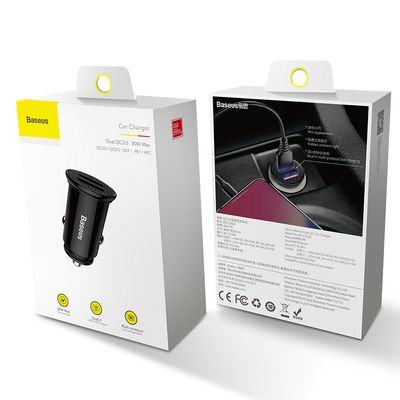 Baseus Incarcator Auto Quick Charger Dual USB 30W Black (5A max, QC3.0)