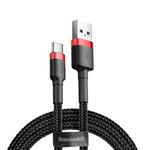 Baseus Cablu Cafule Series USB la Type-C Red & Black (1m, 3A, 480Mbps, impletitura textila)