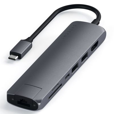 Satechi Multihub Slim Multiport Type-C la 2xUSB-A, HDMI 4K, MicroSD, SD si Ethernet Space Gray (Alum