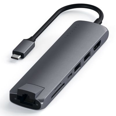 Satechi Multihub Slim Multiport Type-C la 2xUSB-A, HDMI 4K, MicroSD, SD si Ethernet Space Gray (Alum