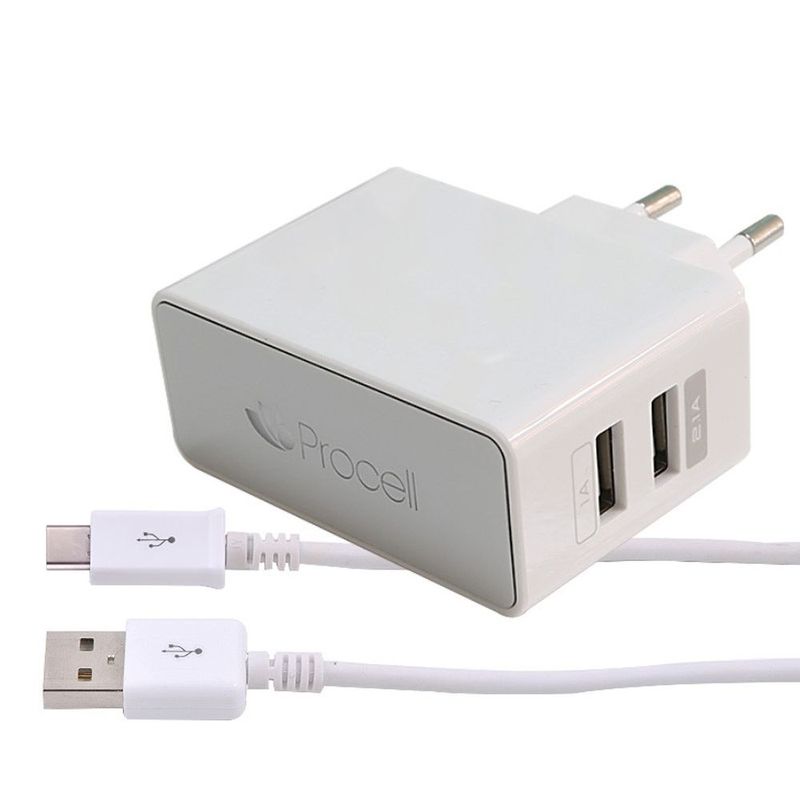 Procell-Incarcator-Retea-2.1A-Dual-USB-si-Cablu-Type-C-Alb-