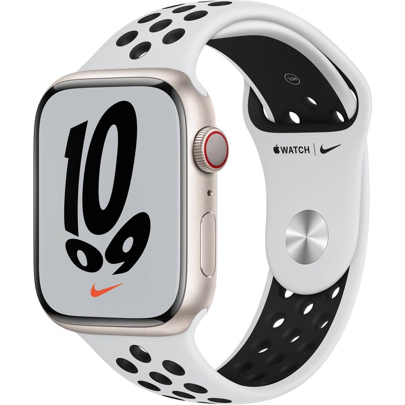 Apple-Watch-Nike-7-GPS---Cellular-41mm-Caracasa-Aluminiu-Starlight--cu-Pure-Platinum-Black-Nike-Sport-Band