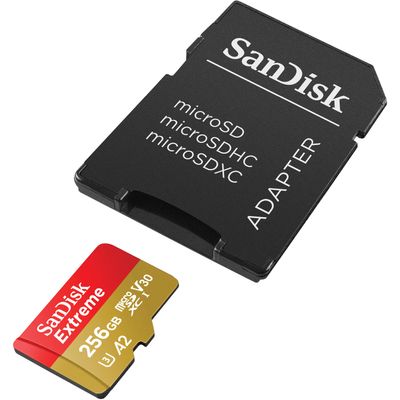 SanDisk Extreme Card de Memorie MicroSDXC 256GB A2 C10 V30 UHS-I U3 + Adaptor SD + 1 An RescuePRO Deluxe