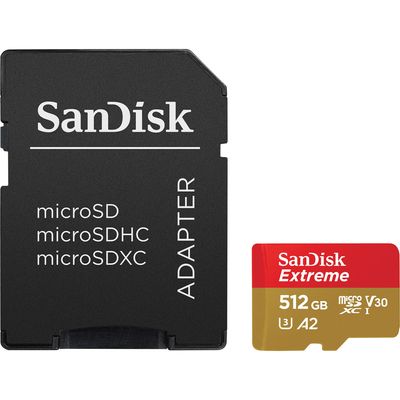 SanDisk Extreme Card de Memorie MicroSDXC 512GB A2 C10 V30 UHS-I U3 + Adaptor SD + 1 An RescuePRO Deluxe