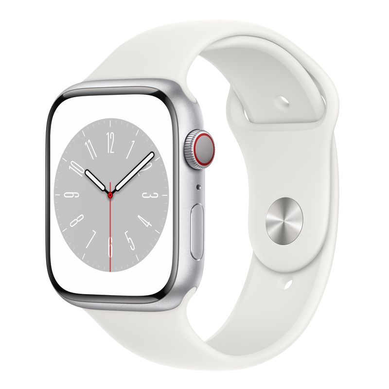 Apple-Watch-S8-Cellular-41mm-Carcasa-Aluminiu-Silver-cu-Sport-Band-White
