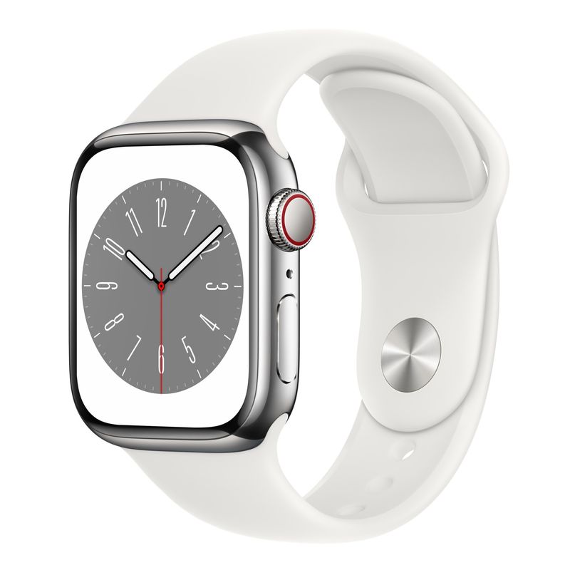 Apple-Watch-S8-Cellular-41mm-Carcasa-Stainless-Steel-Silver-cu-Sport-Band-White