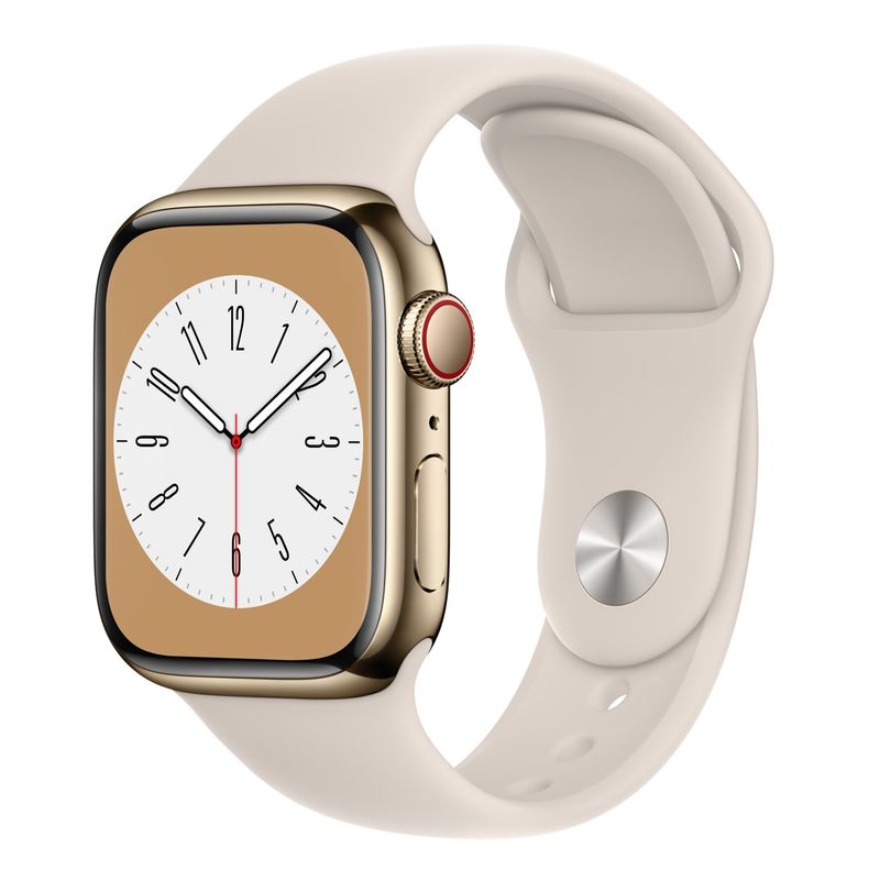 Apple-Watch-S8-Cellular-45mm-Carcasa-Stainless-Steel-Gold-cu-Sport-Band-Starlight