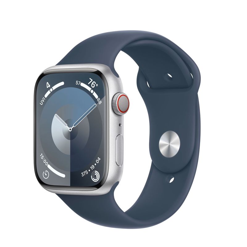 Apple-Watch-9-GPS---Cellular-45mm-Carcasa-Aluminiu-Silver-cu-Sport-Band-Storm-Blue-M-L