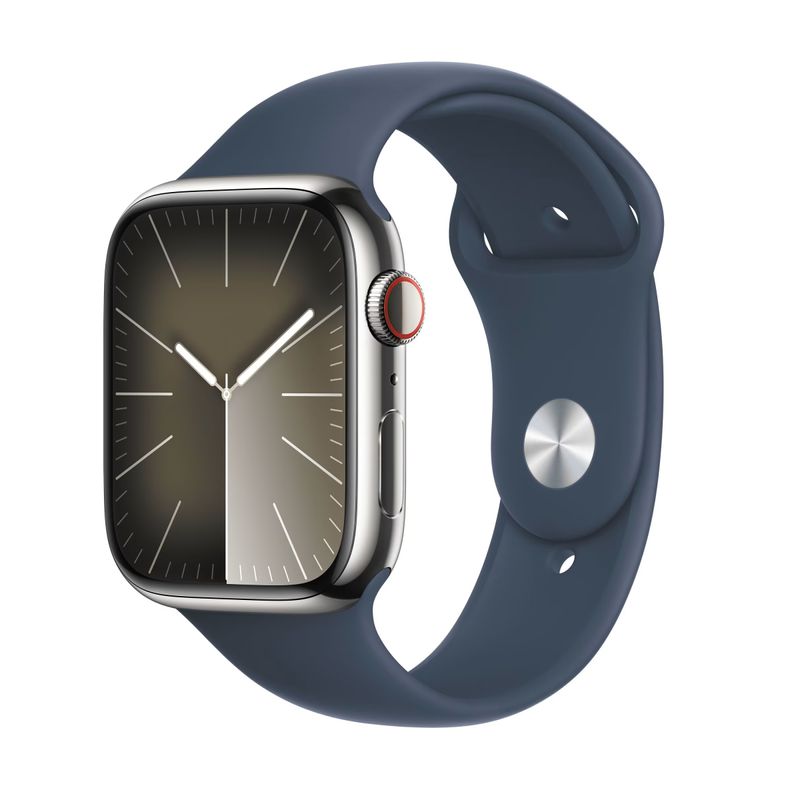 Apple-Watch-9-GPS---Cellular-41mm-Carcasa-Otel-Inoxidabil-Silver-cu-Sport-Band-Storm-Blue-M-L