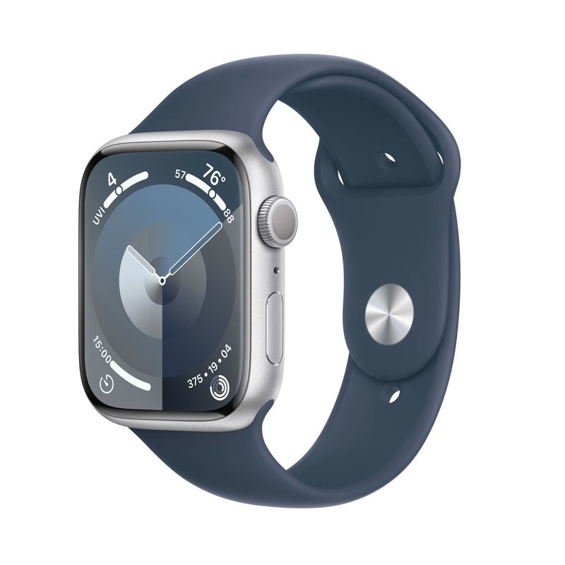Apple-Watch-9-GPS-45mm-Carcasa-Aluminiu-Silver-cu-Sport-Band-Storm-Blue-S-M