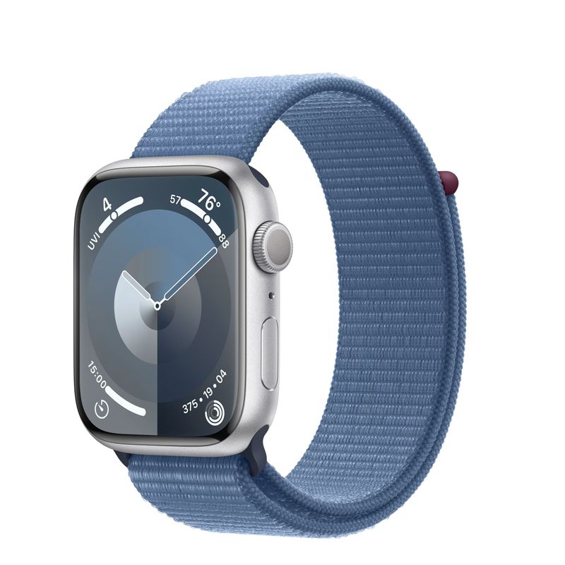 Apple-Watch-9-GPS-45mm-Carcasa-Aluminiu-Silver-cu--Sport-Loop-Winter-Blue
