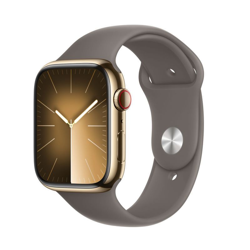 Apple-Watch-9-GPS---Cellular-45mm-Carcasa-Otel-Inoxidabil-Gold-cu-Sport-Band-Clay-S-M