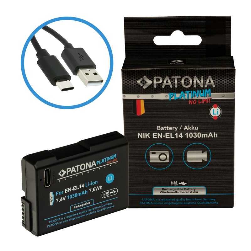 Patona-Platinum-Acumulator-Replace-Nikon-EN-EL14--Li-Ion-1030-mAh-7.4V-cu-Incacare-USB-C