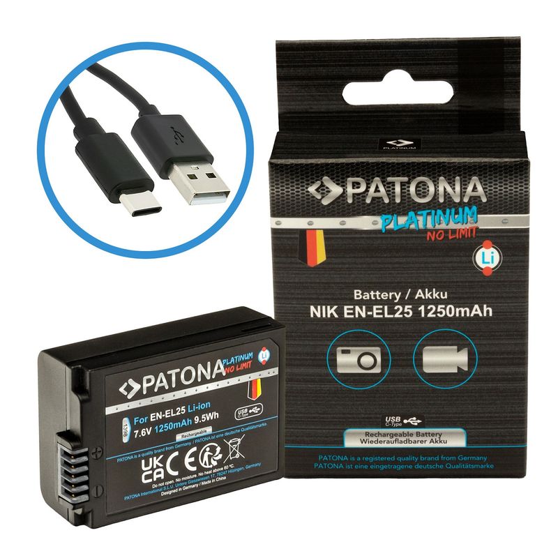 Patona-Platinum-Acumulator-replace-Li-Ion-cu-incarcare-USB-C-pentru-Nikon-EN-EL25-1050-mAh-7.4V