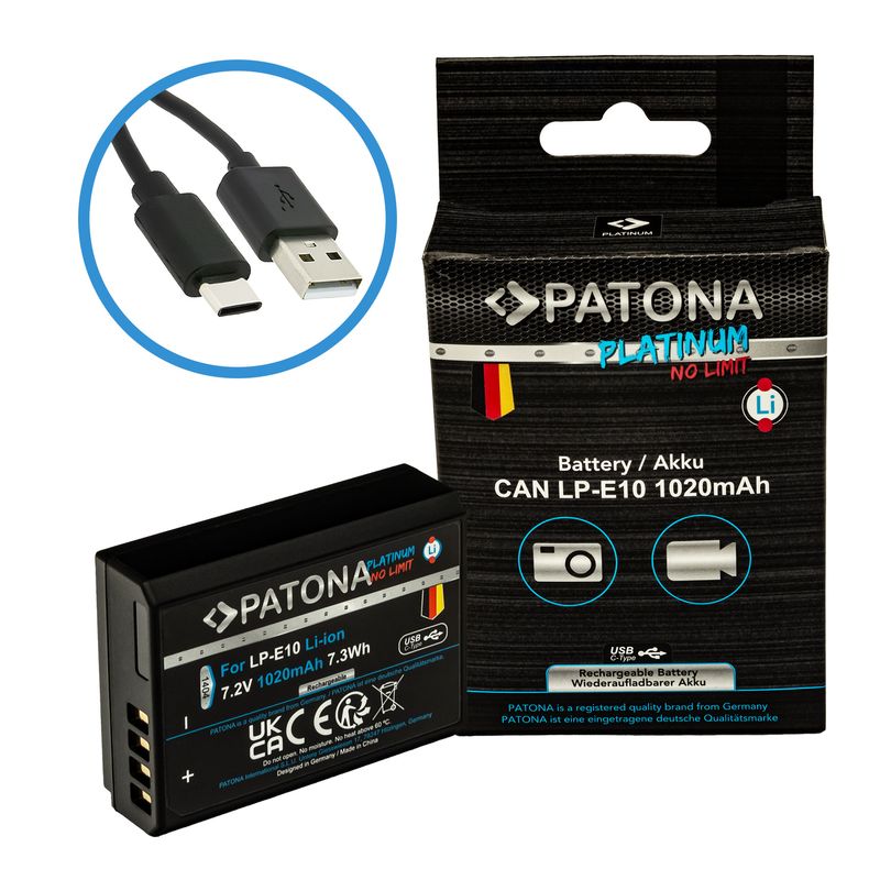 Patona-Platinum-Acumulator-replace-Li-Ion-cu-incacare-USB-C-pentru-Canon-LP-E10-1020-mAh-7.3V