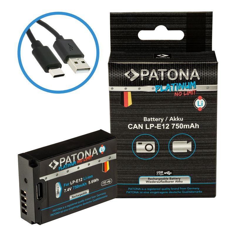 Patona-Platinum-Acumulator-replace-Li-Ion-cu-incacare-USB-C-pentru-Canon-LP-E10-750-mAh-7.4V