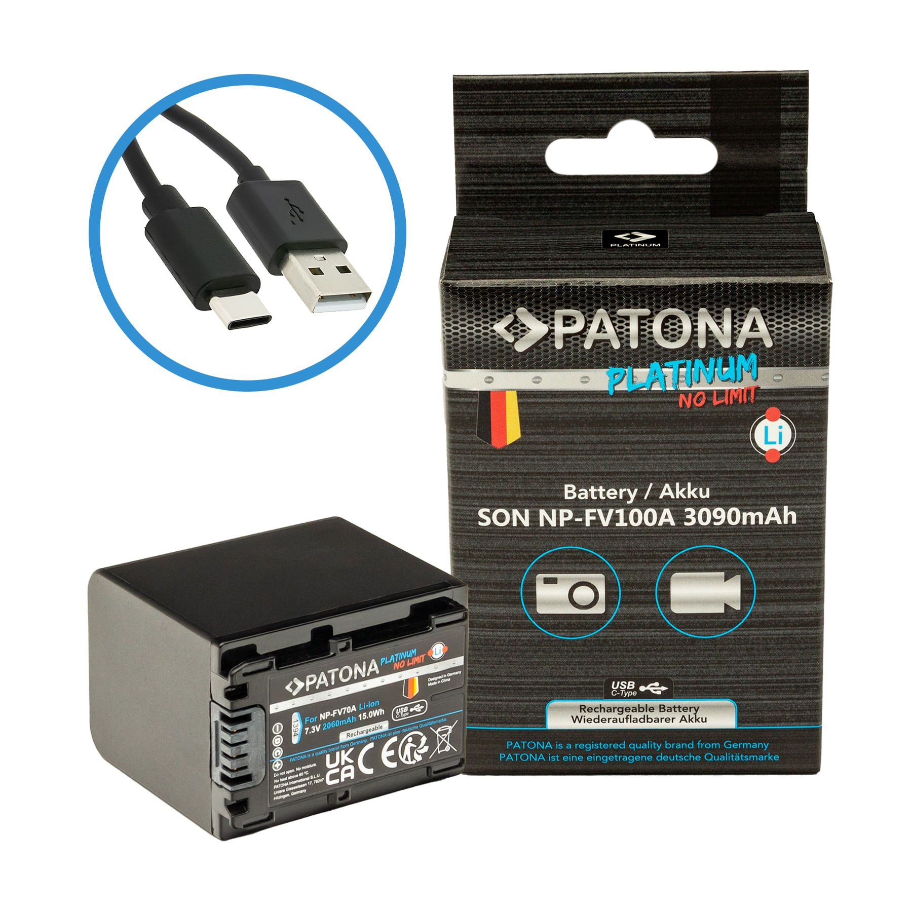 Patona Platinum Acumulator replace Li-Ion cu incacare USB-C pentru Sony NP-FV100 3090 mAh, 7.4V