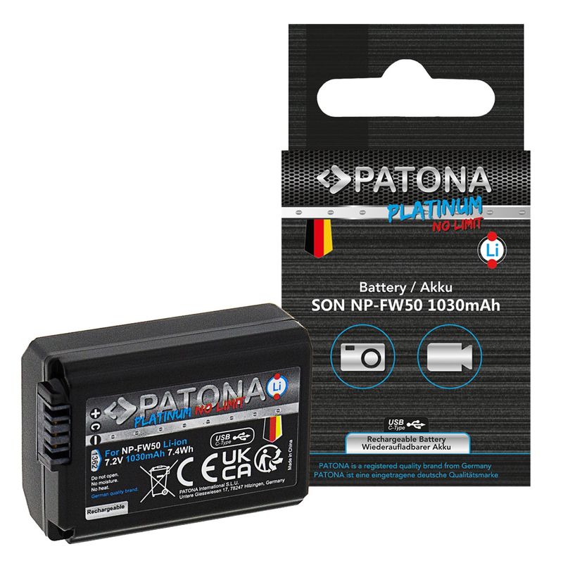 Patona-Platinum-Acumulator-Replace-Li-Ion-cu-PD20W-USB-C-pentru-Sony-NP-FW50-1030-mAh-7.2V-