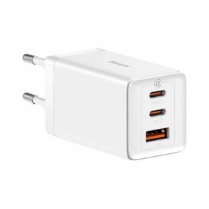 Baseus GaN5 Ultra Fast  Incarcator Retea Charge 2xUSB-C + USB-A 65W Alb Gri + Cablu USB-C 100W 1m