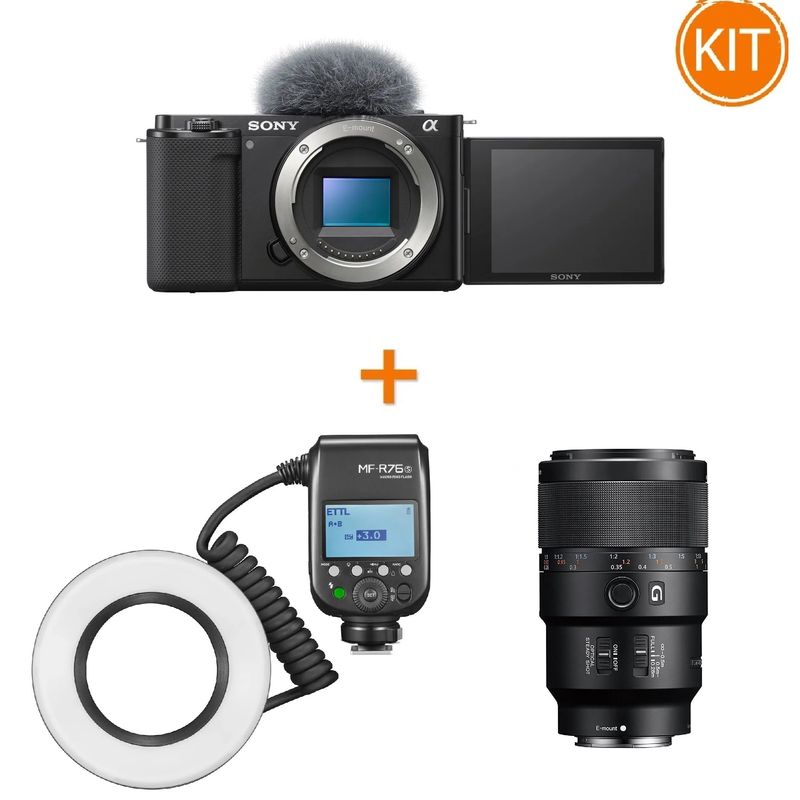 Kit-Sony-Alpha-ZV-E10---Obiectiv-Sony-90mm-F2.8---Blit-Godox-MF-R76S