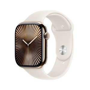 Apple Watch Series 10 GPS + Cellular 42mm Carcasa Gold Titanium si Curea Sport Starlight S/M