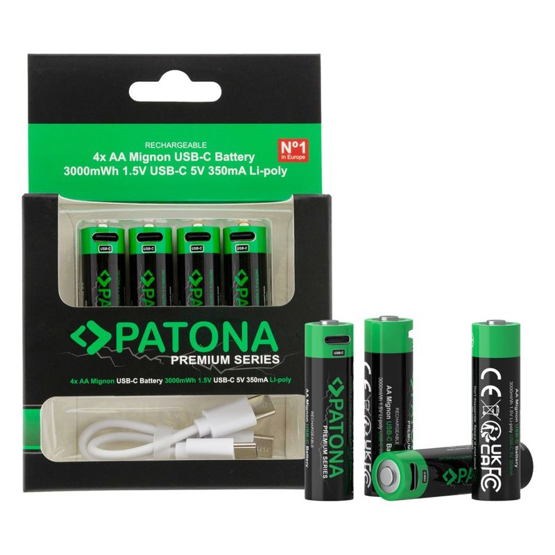 Patona-Premium-4x-AA-Mignon-Acumulatori-Reincarcabili-Litiu-3000mWh-1.5V-cu-Cabluri-de-Incarcare-USB-C