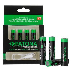 Patona Premium 4x AAA Mignon Acumulatori Reincarcabili Litiu 750mWh 1.5V cu Cabluri de Incarcare USB-C