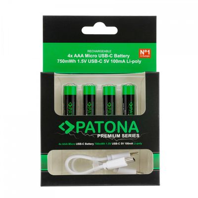 Patona Premium 4x AAA Mignon Acumulatori Reincarcabili Litiu 750mWh 1.5V cu Cabluri de Incarcare USB-C