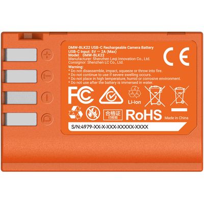 SmallRig 4979 Acumulator Reincarcabil cu USB-C pentru Camerele Panasonic DMW-BLK22 Portocaliu