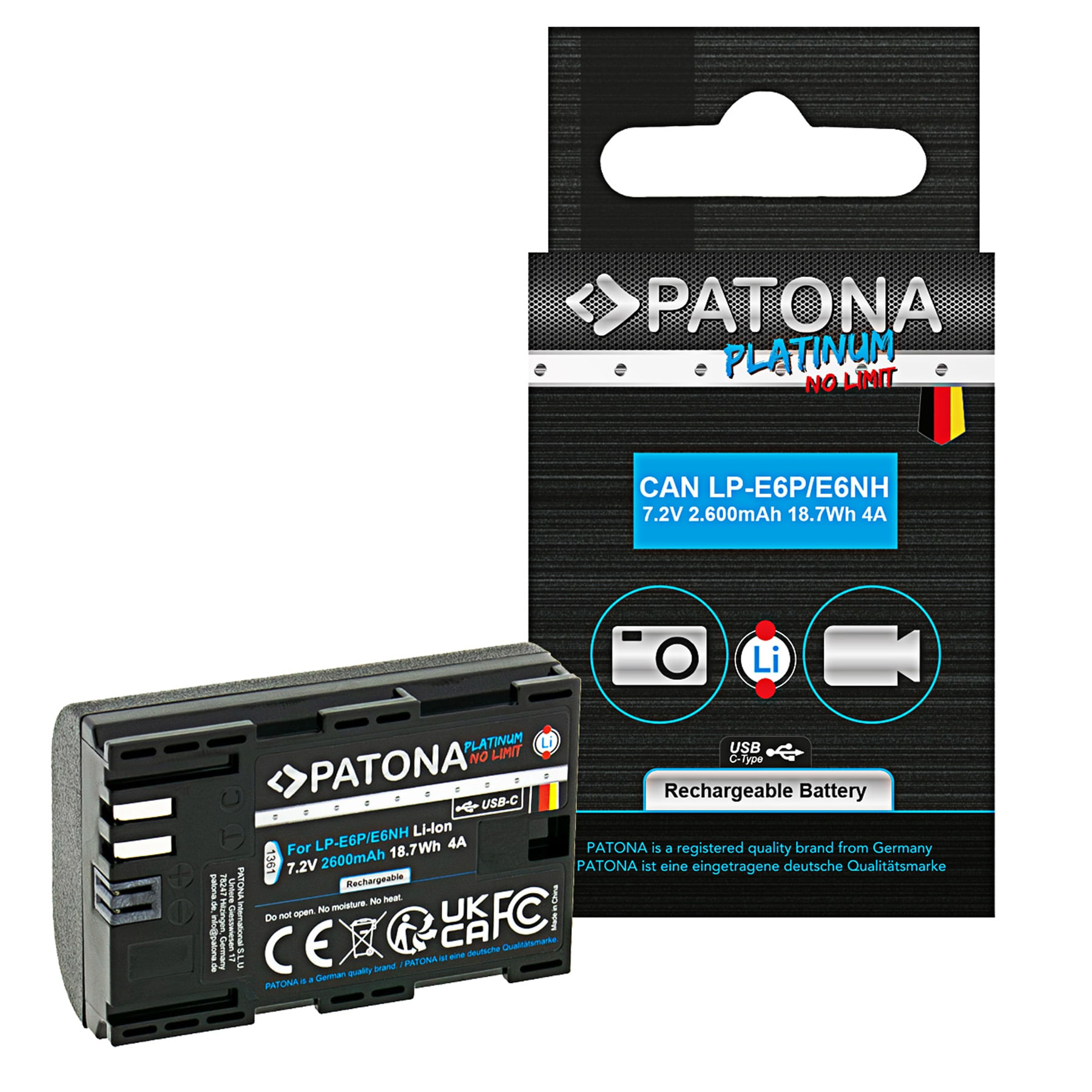 Patona Platinum Acumulator Replace Li-Ion cu USB-C pentru Canon LP-E6NH 2600 mAh 7.2V